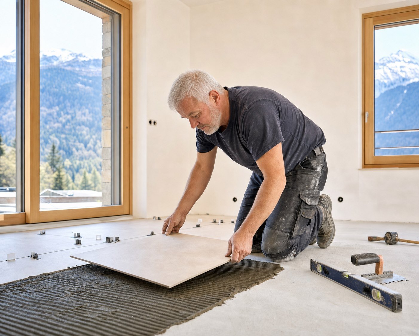 Duran Kocak, artisan carreleur, pose un carrelage grand format sur un chantier en Savoie